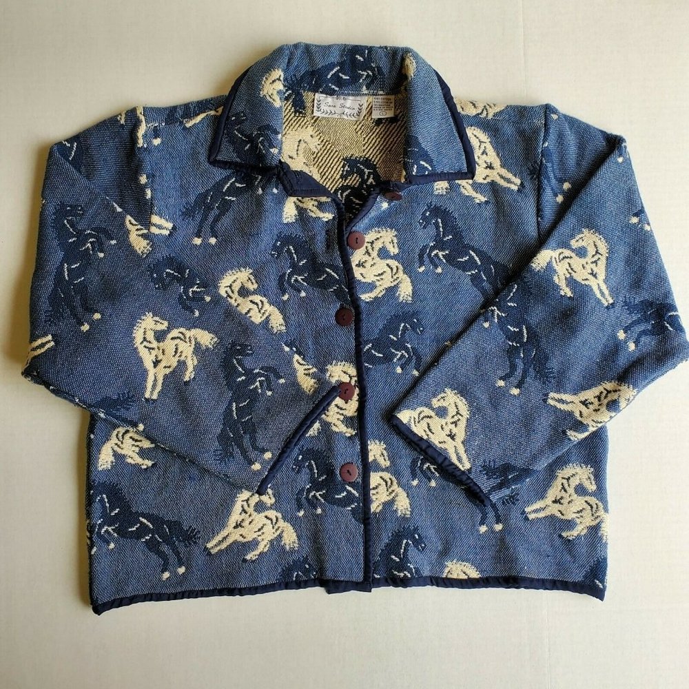 Sara Studio Women's Jacket Blue White Western Horse Woven Tapestry Cotton Sz L